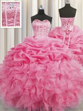 Hot Sale Pick Ups Visible Boning Floor Length Rose Pink Quinceanera Gowns Sweetheart Sleeveless Lace Up