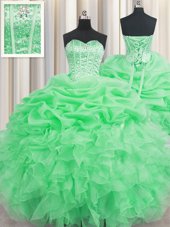 Sophisticated Visible Boning Ball Gowns Organza Sweetheart Sleeveless Beading and Ruffles and Pick Ups Floor Length Lace Up 15 Quinceanera Dress