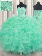 Simple Sweetheart Sleeveless Quinceanera Dress Floor Length Beading and Ruffles Apple Green Organza