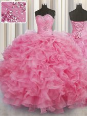 Suitable Organza Sweetheart Sleeveless Lace Up Beading and Ruffles Quinceanera Gown in Rose Pink