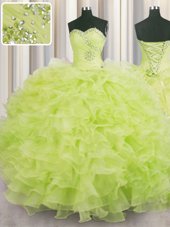 Glorious Organza Sweetheart Sleeveless Lace Up Beading and Ruffles Quinceanera Gowns in Yellow Green