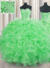 Hot Selling Organza Lace Up Sweetheart Sleeveless Floor Length 15 Quinceanera Dress Beading and Ruffles
