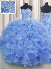 Floor Length Lavender 15th Birthday Dress Organza Sleeveless Beading and Ruffles