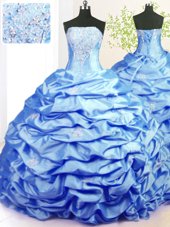 Fantastic Baby Blue Quinceanera Dresses Military Ball and Sweet 16 and For with Beading and Pick Ups Strapless Sleeveless Sweep Train Lace Up