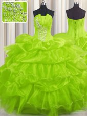 Spectacular Pick Ups Yellow Green Sleeveless Organza Lace Up Quince Ball Gowns for Military Ball and Sweet 16 and Quinceanera