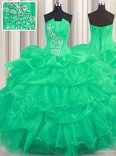 Stunning Sleeveless Floor Length Beading and Ruffled Layers and Pick Ups Lace Up 15 Quinceanera Dress with Turquoise