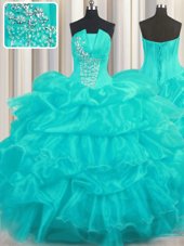 Customized Beading and Ruffled Layers and Pick Ups 15th Birthday Dress Aqua Blue Lace Up Sleeveless Floor Length