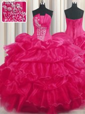 Hot Sale Pick Ups Ruffled Floor Length Hot Pink 15 Quinceanera Dress Strapless Sleeveless Lace Up