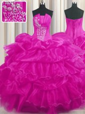 Edgy Strapless Sleeveless Organza 15th Birthday Dress Beading and Ruffled Layers and Pick Ups Lace Up
