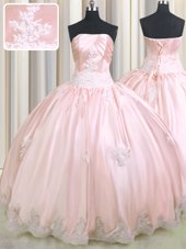 Amazing Baby Pink Ball Gowns Taffeta Strapless Sleeveless Beading and Appliques Floor Length Lace Up Sweet 16 Quinceanera Dress