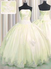 Low Price Light Yellow Taffeta Lace Up Quinceanera Gown Sleeveless Floor Length Beading and Appliques
