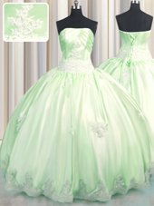 Best Selling Yellow Green Sleeveless Floor Length Beading and Appliques Lace Up Quinceanera Gown