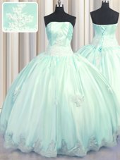 Comfortable Apple Green and Light Blue Ball Gowns Strapless Sleeveless Taffeta Floor Length Lace Up Beading and Appliques Quinceanera Gown