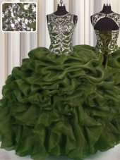 Trendy See Through Olive Green Organza Lace Up Scoop Sleeveless Floor Length Quinceanera Gowns Beading and Pick Ups