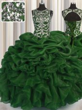 Shining See Through Organza Scoop Sleeveless Lace Up Beading and Pick Ups 15 Quinceanera Dress in Olive Green