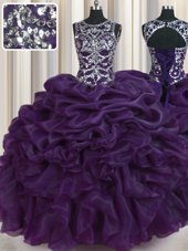 Free and Easy Scoop Pick Ups Eggplant Purple Sleeveless Organza Lace Up Quinceanera Gowns for Military Ball and Sweet 16 and Quinceanera