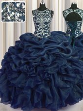 Navy Blue Ball Gowns Organza Scoop Sleeveless Beading and Pick Ups Floor Length Lace Up Ball Gown Prom Dress