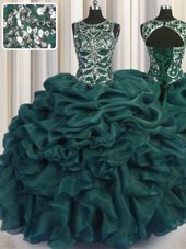 Designer See Through Teal Scoop Neckline Beading and Sequins and Pick Ups Quinceanera Gown Sleeveless Lace Up