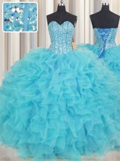 Romantic Visible Boning Baby Blue Ball Gowns Beading and Ruffles Quinceanera Dresses Lace Up Organza Sleeveless Floor Length