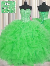 Pretty Visible Boning Green Organza Lace Up 15th Birthday Dress Sleeveless Floor Length Beading and Ruffles