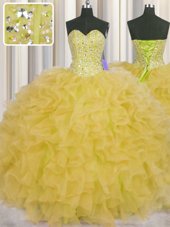 Visible Boning Sleeveless Organza Floor Length Lace Up Ball Gown Prom Dress in Yellow for with Beading and Ruffles and Sashes|ribbons