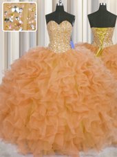 Visible Boning Orange Sweetheart Neckline Beading and Ruffles and Sashes|ribbons Quinceanera Dresses Sleeveless Lace Up