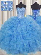Unique Visible Boning Sleeveless Beading and Ruffles and Sashes|ribbons Lace Up Quinceanera Dresses