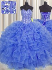 Modern Visible Boning Floor Length Blue Quinceanera Dress Organza Sleeveless Beading and Ruffles and Sashes|ribbons