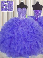 Top Selling Visible Boning Sweetheart Sleeveless Organza 15 Quinceanera Dress Beading and Ruffles and Sashes|ribbons Lace Up
