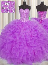 On Sale Visible Boning Sweetheart Sleeveless Quince Ball Gowns Floor Length Beading and Ruffles and Sashes|ribbons Purple Organza
