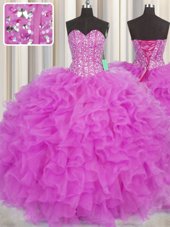 Visible Boning Hot Pink and Fuchsia 15 Quinceanera Dress Military Ball and Sweet 16 and Quinceanera and For with Beading and Ruffles Sweetheart Sleeveless Lace Up