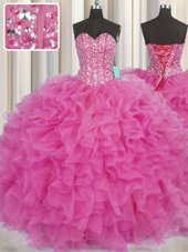 Captivating Visible Boning Beading and Ruffles Sweet 16 Quinceanera Dress Hot Pink Lace Up Sleeveless Floor Length