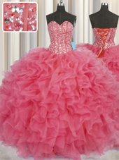 Dramatic Visible Boning Ball Gowns Quinceanera Gowns Coral Red Sweetheart Organza Sleeveless Floor Length Lace Up
