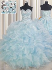 Cute Light Blue Sweetheart Lace Up Beading and Ruffles Quince Ball Gowns Sleeveless