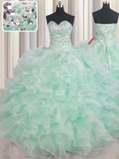 Exceptional Sweetheart Sleeveless Sweet 16 Dresses Floor Length Beading and Ruffles Apple Green Organza