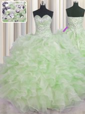 Fancy Beading and Ruffles Sweet 16 Dress Green Lace Up Sleeveless Floor Length
