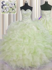 Sophisticated Yellow Green Organza Lace Up Sweet 16 Dress Sleeveless Floor Length Beading and Ruffles