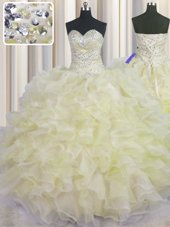 Smart Sleeveless Organza Floor Length Lace Up 15th Birthday Dress in Light Yellow for with Beading and Ruffles