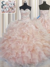 Ideal Orange Sleeveless Floor Length Beading and Ruffles Lace Up Quince Ball Gowns