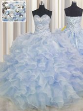 Fantastic Ball Gowns Quinceanera Gowns Light Blue Sweetheart Organza Sleeveless Floor Length Lace Up