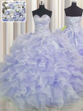 Custom Fit Organza Sleeveless Floor Length 15th Birthday Dress and Beading and Ruffles