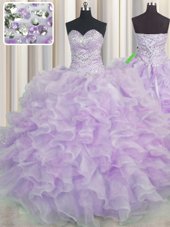 Clearance Lavender Ball Gowns Organza Sweetheart Sleeveless Beading and Ruffles Floor Length Lace Up Vestidos de Quinceanera
