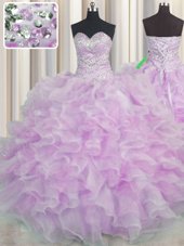 Clearance Ball Gowns Quinceanera Dresses Lilac Sweetheart Organza Sleeveless Floor Length Lace Up