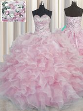 Fabulous Bling-bling Pink Sleeveless Organza Lace Up Quinceanera Dress for Military Ball and Sweet 16 and Quinceanera