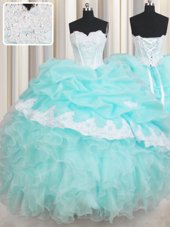 Traditional Baby Blue Sweetheart Neckline Beading and Appliques and Ruffled Layers Quinceanera Gown Sleeveless Lace Up