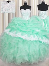 Pretty Apple Green Sweetheart Neckline Beading and Ruffles and Pick Ups Quinceanera Dress Sleeveless Lace Up