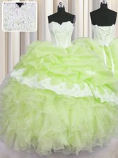 Pick Ups Sweetheart Sleeveless Lace Up Quinceanera Gown Yellow Green Organza