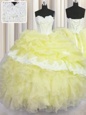 Fashionable Light Yellow Sweetheart Neckline Beading and Appliques and Ruffles and Pick Ups Sweet 16 Quinceanera Dress Sleeveless Lace Up