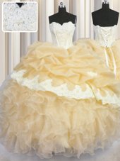 Champagne Ball Gowns Organza Sweetheart Sleeveless Beading and Appliques and Ruffles and Pick Ups Floor Length Lace Up Sweet 16 Quinceanera Dress