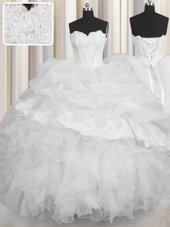 Discount White Ball Gowns Organza Sweetheart Sleeveless Beading and Appliques and Ruffles and Pick Ups Floor Length Lace Up Vestidos de Quinceanera
